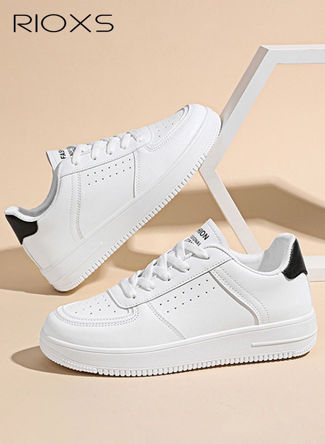 RIOXS Women's Classic White Sneakers, Casual Lightweight Leather Platform Sneakers, Breathable Sports Shoes Comfortable Walking Shoes for Ladies, Trendy Low Top Sneakers Versatile Leisure Shoes Tennis Shoes for Shopping Work Travel and Daily Wear, White&Black - Image 4